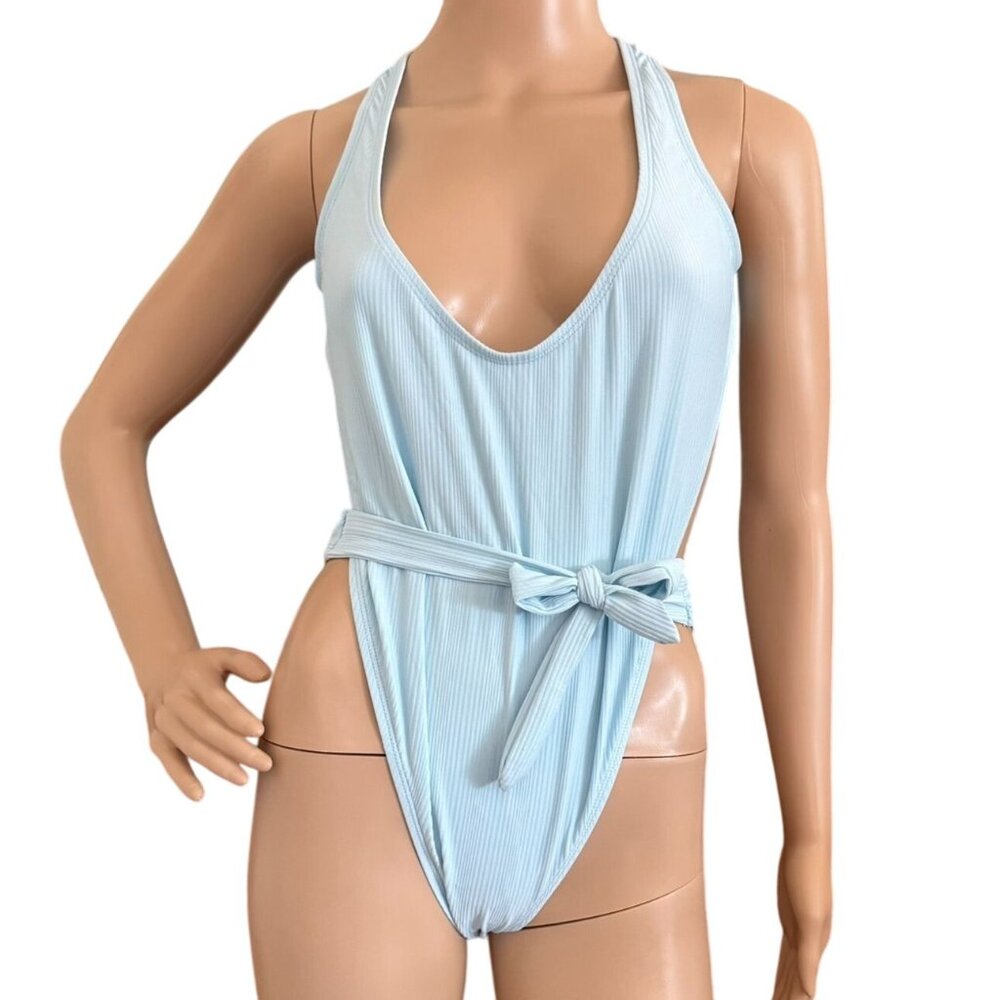 Lunar One Piece Swimsuit Size Large Tie Waist Racerback Design Ris-K Beach Blue